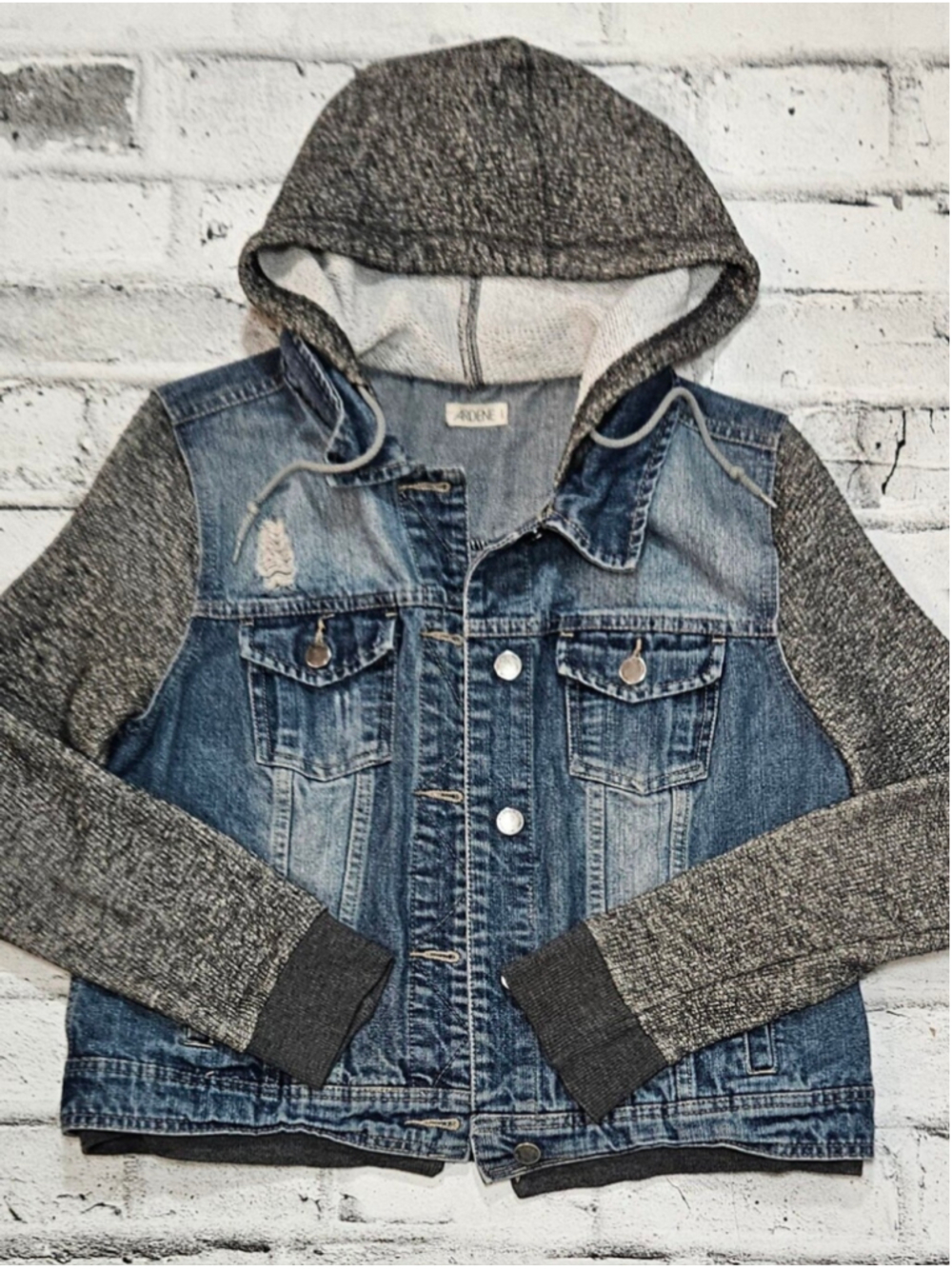 Ardene Denim Jacket Large Gray Knit Sleeve Hoodie Distressed Jean Jacket